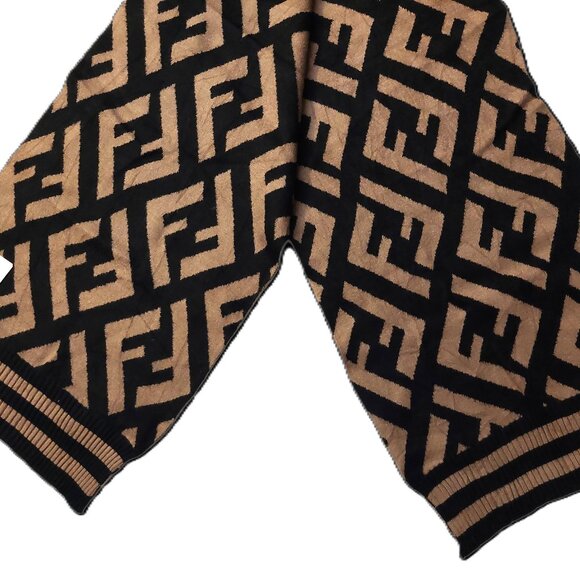 Vintage FENDI Black & Brown Monogram Print Cashmere Scarf with Stripe Trim - Picture 5 of 9